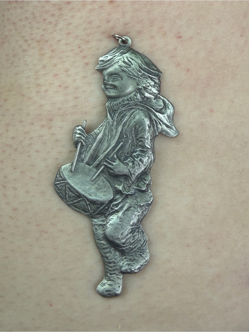 Antique-Style Drummer Boy Pendant Necklace in Aged Silver Tone